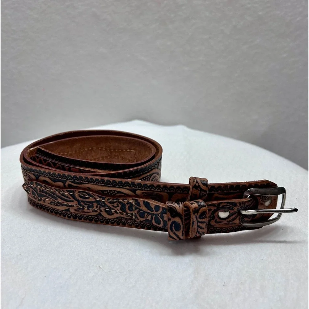 Cardat 7524 Brown Floral Tooled Leather Western Belt Silver‎ Buckle Womens 30